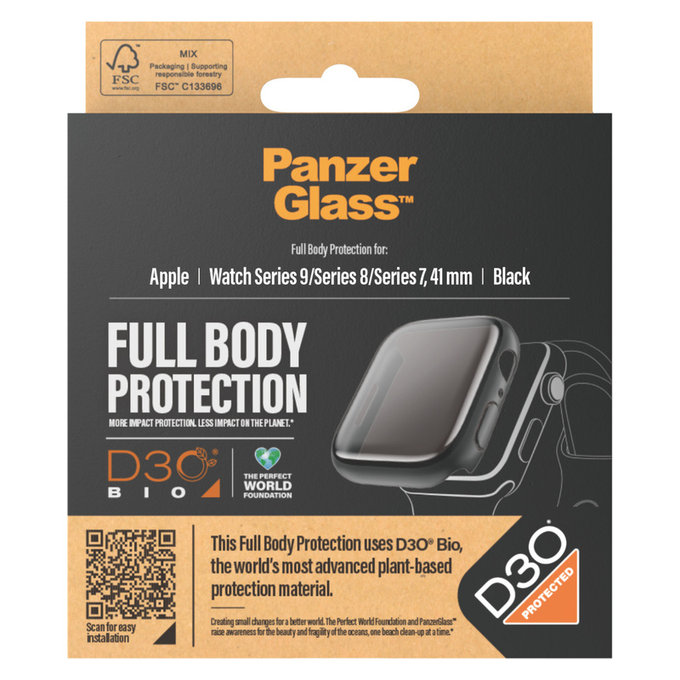 Закалено стъкло Full Body D3O за Apple Watch 9/8/7 41 mm, Черно, PanzerGlass