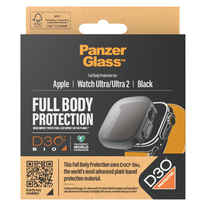 Закалено стъкло Full Body D3O за Apple Watch Ultra/Ultra 2, Черно, PanzerGlass