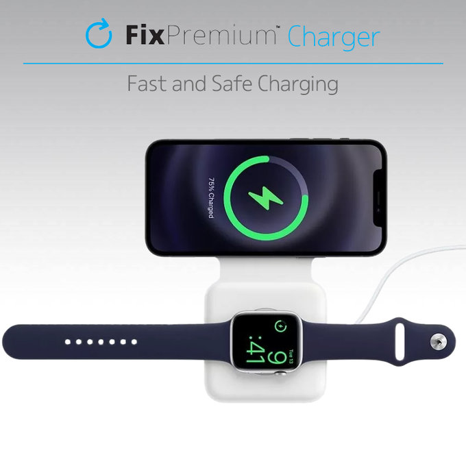 Зарядно MagSafe Duo за iPhone и Apple Watch, Бял, White, FixPremium