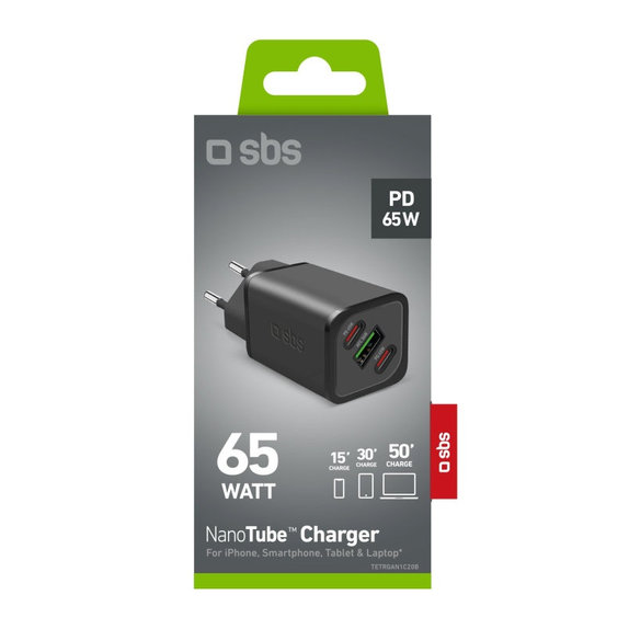 Пътен адаптер NanoTube 2x USB-C/USB-A, GaN, 65 W PD, черен, SBS