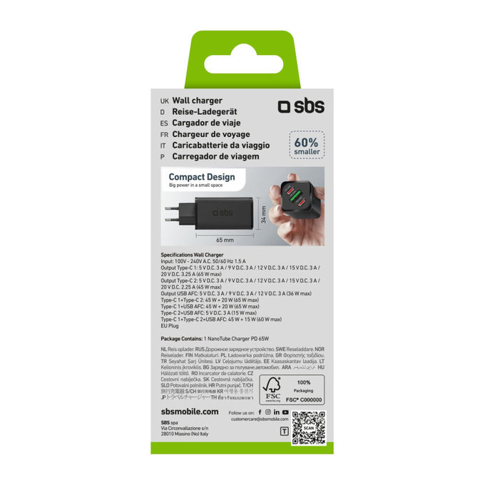 Пътен адаптер NanoTube 2x USB-C/USB-A, GaN, 65 W PD, черен, SBS