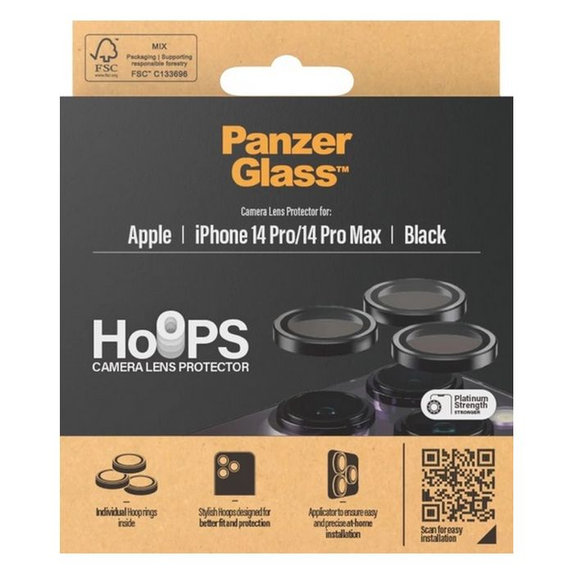 Протектор за обектив на задна камера Hoops за iPhone 14 Pro и 14 Pro Max, Черно, Black, PanzerGlass