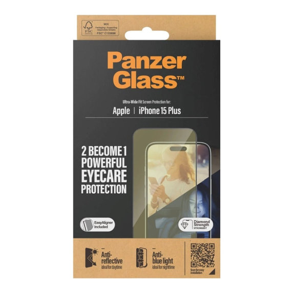 Закалено стъкло UWF Eyecare с апликатор за iPhone 15 Plus, Черно, PanzerGlass