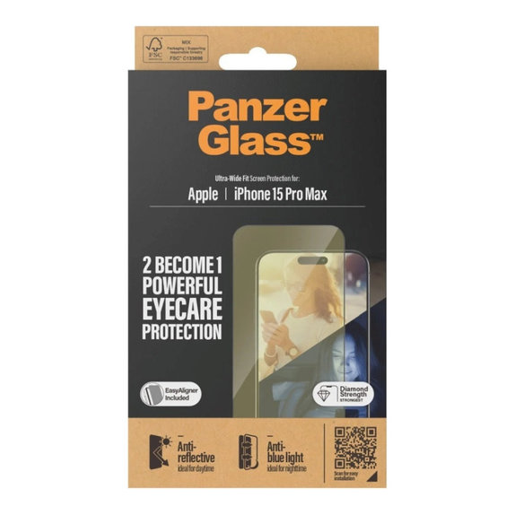Закалено стъкло UWF Eyecare с апликатор за iPhone 15 Pro Max, Черно, PanzerGlass
