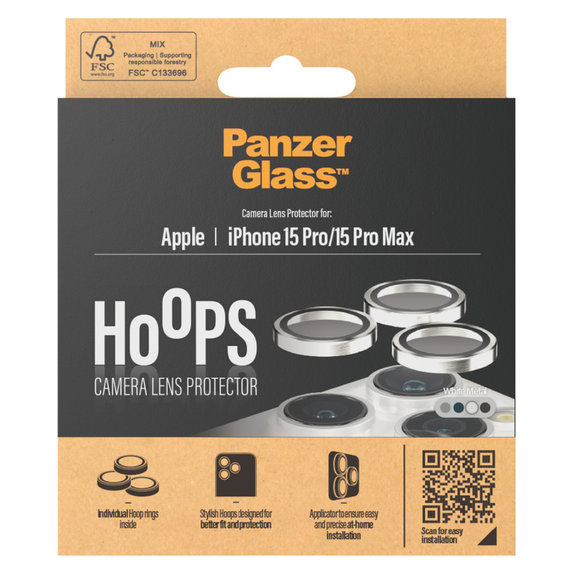 Протектор за обектива на камерата Hoops за iPhone 15 Pro/15 Pro Max, White Metal, PanzerGlass