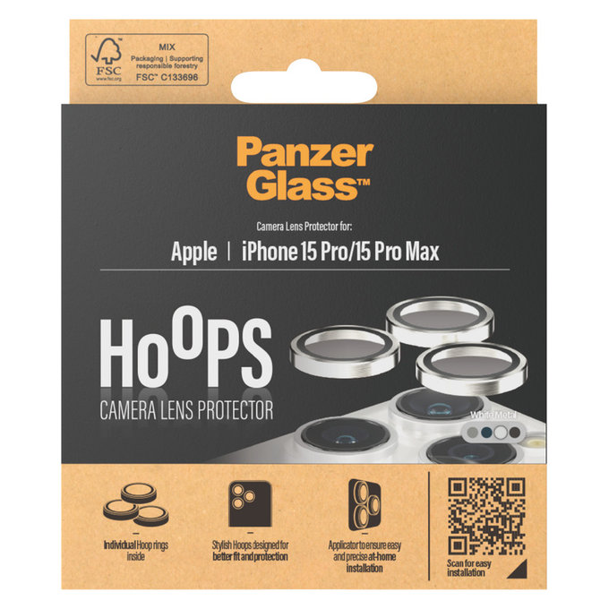 Протектор за обектива на камерата Hoops за iPhone 15 Pro/15 Pro Max, White Metal, PanzerGlass