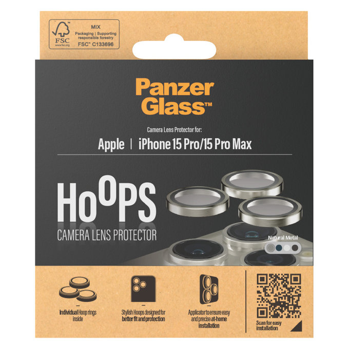 Протектор за обектива на камерата Hoops за iPhone 15 Pro/15 Pro Max, Natural Metal, PanzerGlass