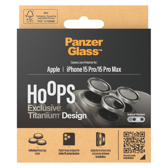 Протектор за обектива на камерата Hoops за iPhone 15 Pro/15 Pro Max, Natural Titanium, PanzerGlass