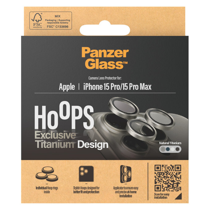 Протектор за обектива на камерата Hoops за iPhone 15 Pro/15 Pro Max, Natural Titanium, PanzerGlass