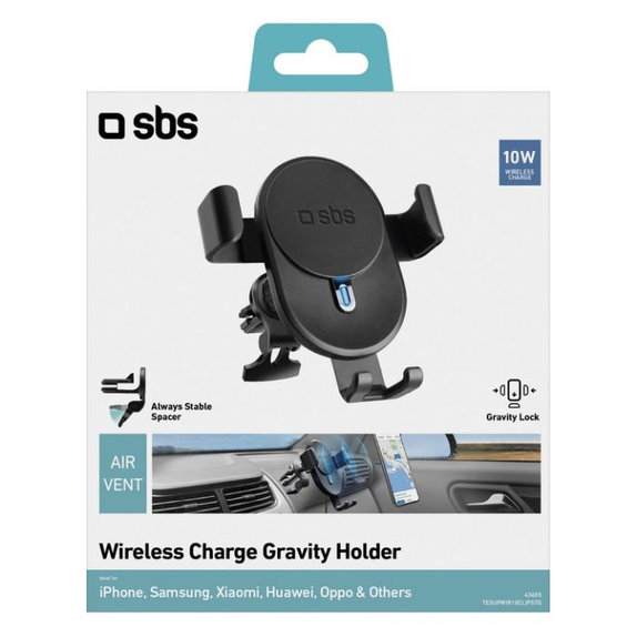 Гравитационен държач за кола с безжично зареждане, 10W, Черно, Black, SBS