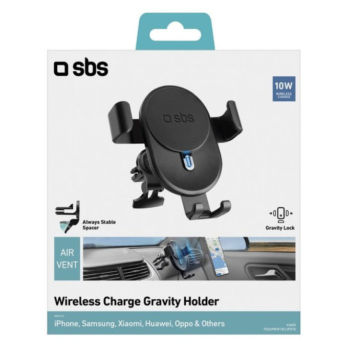 Гравитационен държач за кола с безжично зареждане, 10W, Черно, Black, SBS