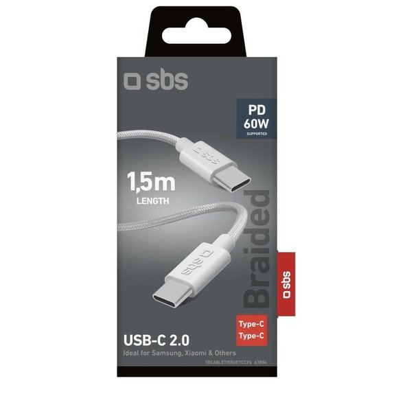 Плетен USB-C / USB-C кабел, PD, 60W, 2m, Бял, SBS