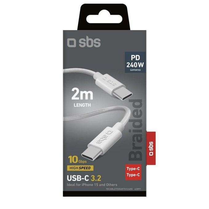 Плетен USB-C / USB-C кабел, PD, 240W, 2m, Бял, SBS
