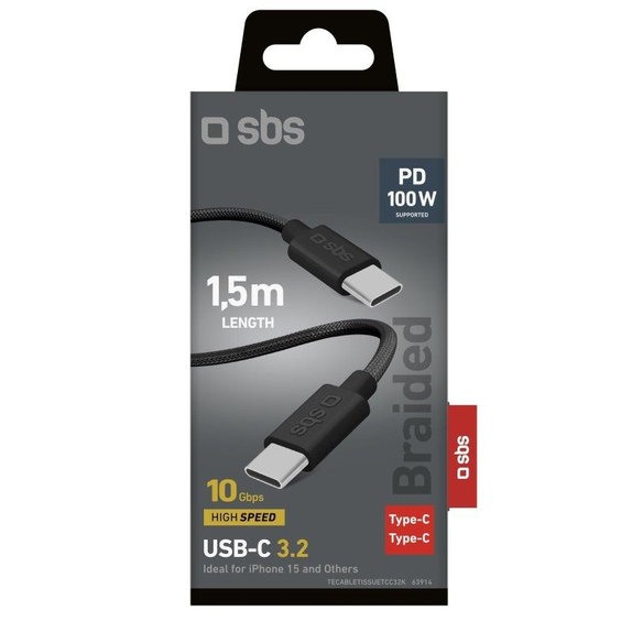 Плетен USB-C / USB-C кабел, PD, 100W, 1.5m, Черен, SBS