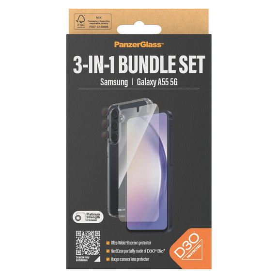 Bundle Hoops + Закалено стъкло UWF + Hard Case D3O за Samsung Galaxy A55 5G, PanzerGlass