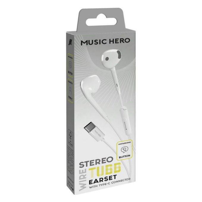 Слушалки TUBB, USB-C, Бял, White, Music Hero