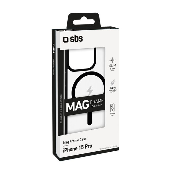Калъф Mag Frame, съвместим с MagSafe за iPhone 15 Pro, Черен, SBS