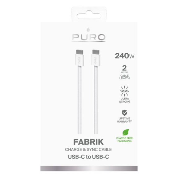 USB-C / USB-C кабел 240W Fabrik FABK4, 2m, Бял, White, PURO