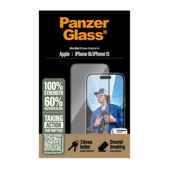 UWF закалено стъкло с апликатор за iPhone 16/15, Черно, PanzerGlass
