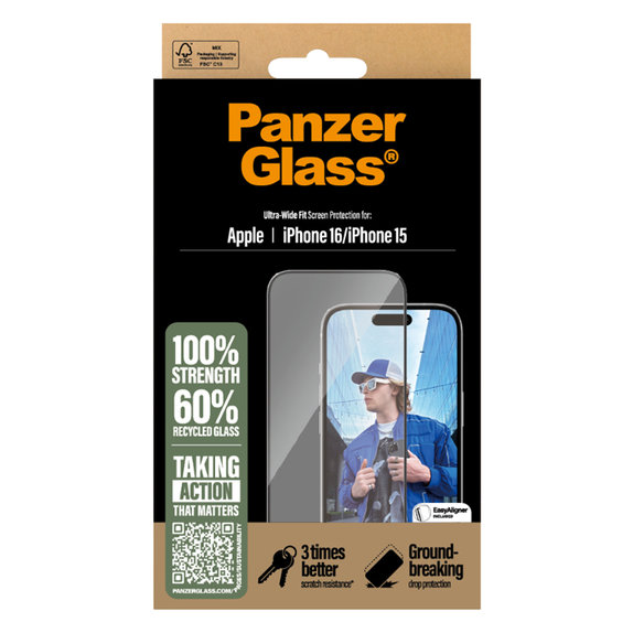UWF закалено стъкло с апликатор за iPhone 16/15, Черно, PanzerGlass