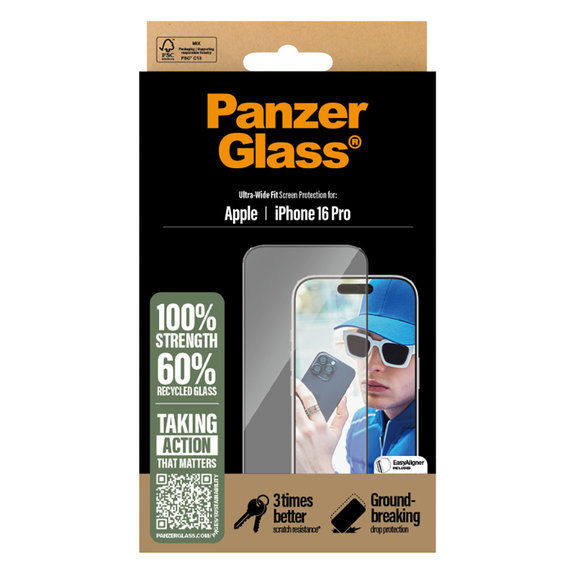 Закалено стъкло UWF с апликатор за iPhone 16 Pro, Черно, PanzerGlass