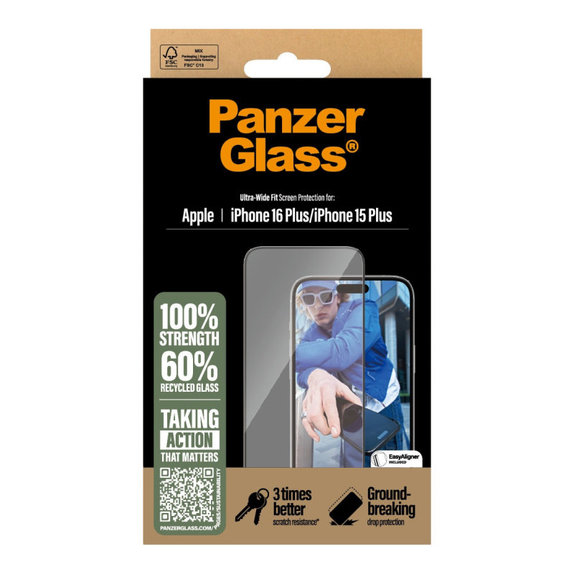 Закалено стъкло UWF с апликатор за iPhone 16 Plus/15 Plus, Черно, PanzerGlass