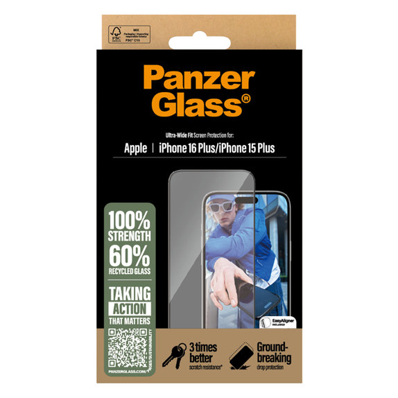 Закалено стъкло UWF с апликатор за iPhone 16 Plus/15 Plus, Черно, PanzerGlass