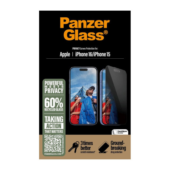 UWF Privacy закалено стъкло с апликатор за iPhone 16/15, Черно, PanzerGlass