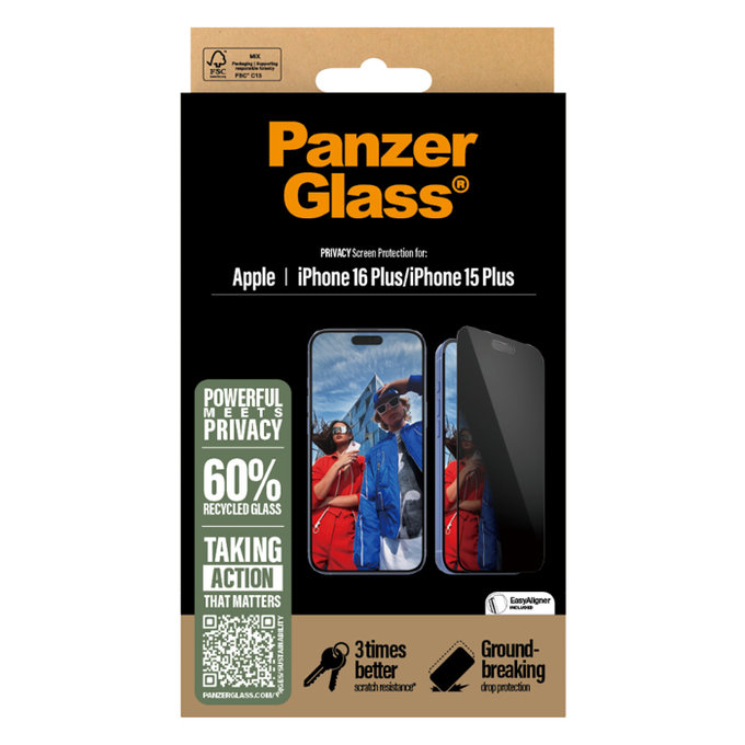 Закалено стъкло UWF Privacy с апликатор за iPhone 16 Plus, Черно, Black, PanzerGlass