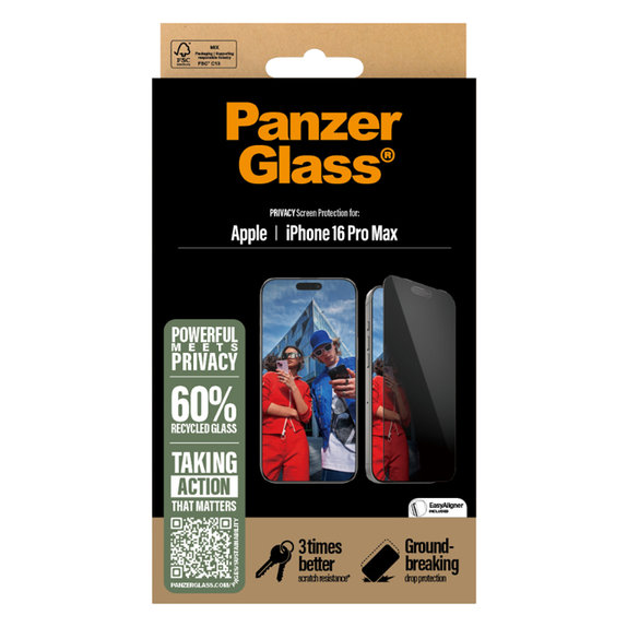 Закалено стъкло UWF Privacy с апликатор за iPhone 16 Pro Max, Черно, Black, PanzerGlass