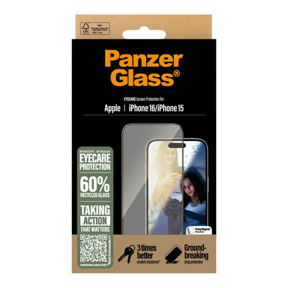 Закалено стъкло UWF Eyecare с апликатор за iPhone 16/15, Черно, PanzerGlass