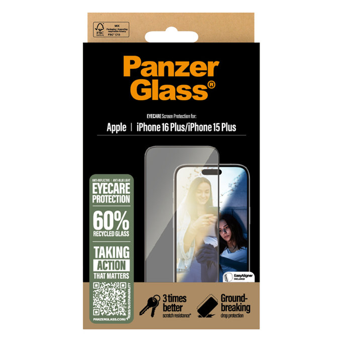 Закалено стъкло UWF Eyecare с апликатор за iPhone 16 Plus/15 Plus, Черно, PanzerGlass