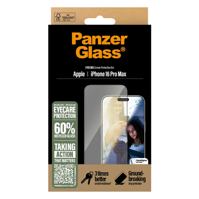 Закалено стъкло UWF Eyecare с апликатор за iPhone 16 Pro Max, Черно, Black, PanzerGlass
