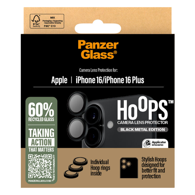 Протектор за камера Hoops за iPhone 16 и 16 Plus, Черно, Black