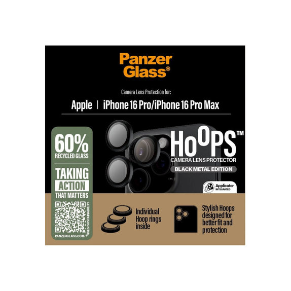 Протектор за обектив на задна камера Hoops за iPhone 16 Pro Max/16 Pro, Черно, PanzerGlass