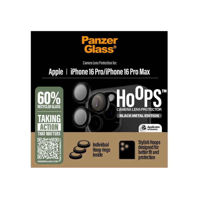 Протектор за обектив на задна камера Hoops за iPhone 16 Pro Max/16 Pro, Черно, PanzerGlass