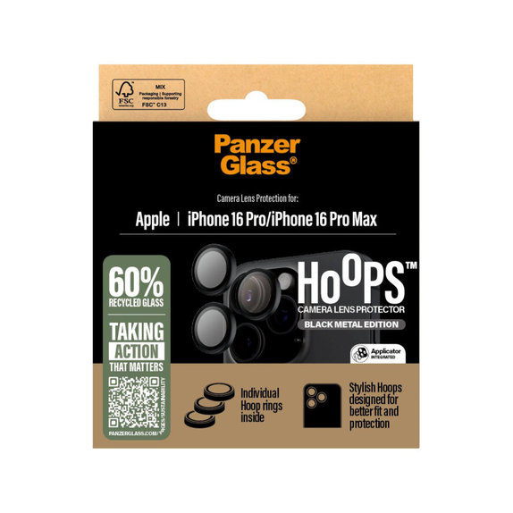 Протектор за обектив на задна камера Hoops за iPhone 16 Pro Max/16 Pro, Черно, PanzerGlass