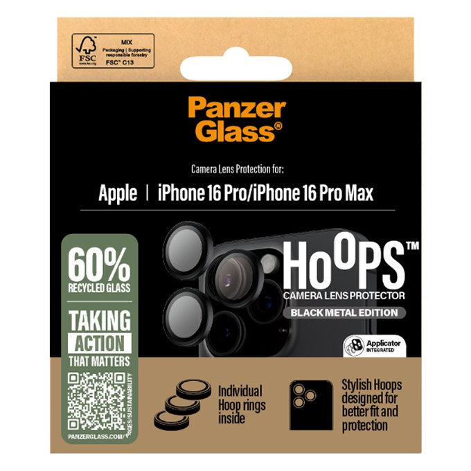 Протектор за обектив на задна камера Hoops за iPhone 16 Pro Max/16 Pro, Черно, PanzerGlass