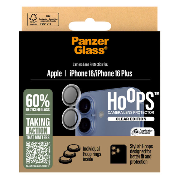 Протектор за камера Hoops за iPhone 16 и 16 Plus, Прозрачен, Transparent