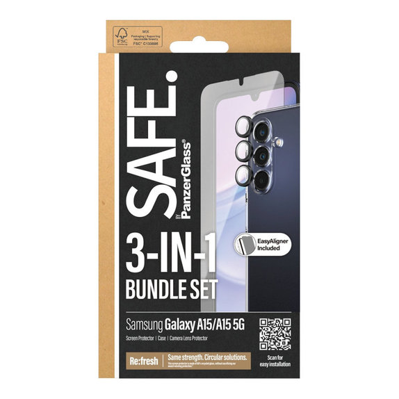 Bundle протектор за обектив на камера + UWF закалено стъкло + TPU калъф за Samsung A15 5G, SAFE
