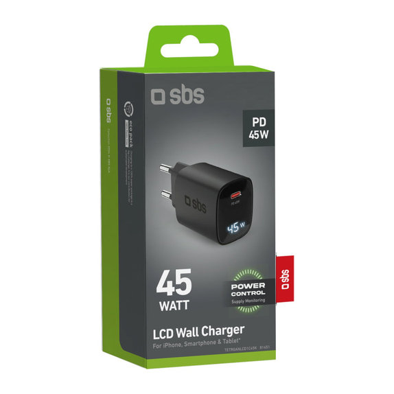 Пътен адаптер LCD USB-C, GaN, 45 W PD, черен, SBS