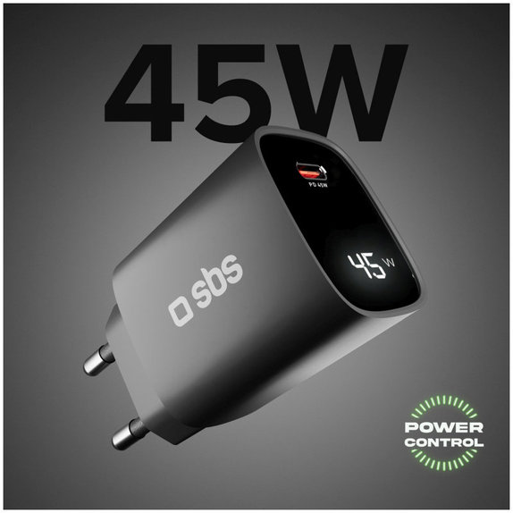 Пътен адаптер LCD USB-C, GaN, 45 W PD, черен, SBS