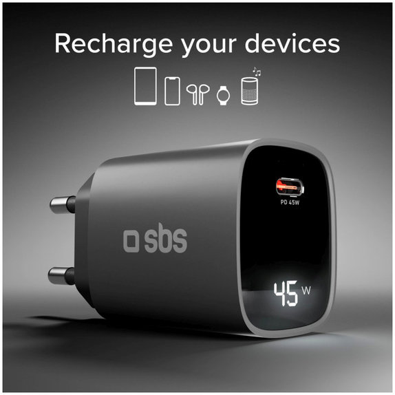 Пътен адаптер LCD USB-C, GaN, 45 W PD, черен, SBS