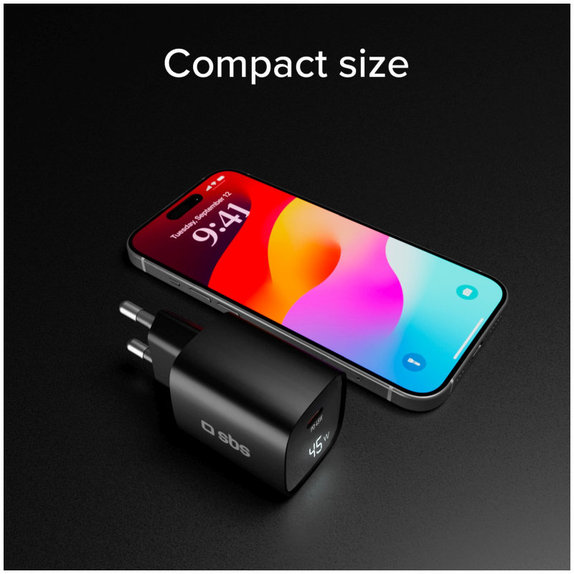 Пътен адаптер LCD USB-C, GaN, 45 W PD, черен, SBS