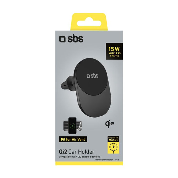 Стойка за кола с безжично зареждане, Qi2, 15W, MagSafe, за вентилационен отвор, Черен, SBS