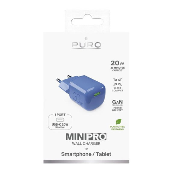 Зарядно устройство MiniPro USB-C, GaN, 20W, син лагун, Blue Lagon, PURO