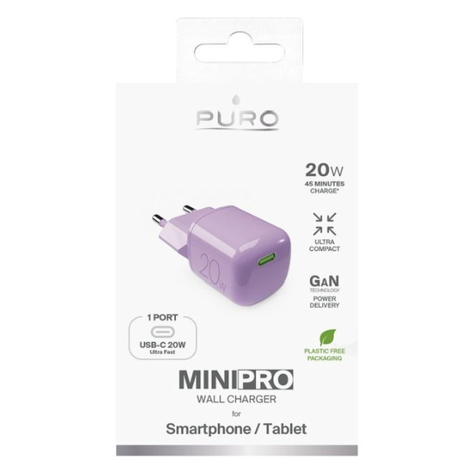 Зарядно устройство MiniPro USB-C, GaN, 20W, коралов, Coraltastic, PURO