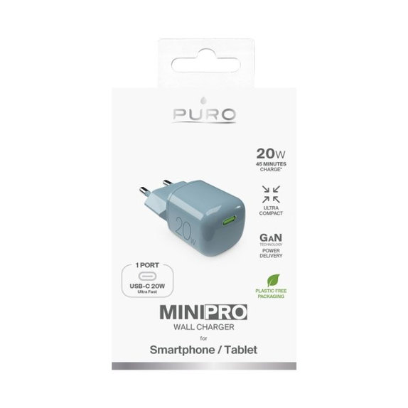 Зарядно устройство MiniPro USB-C, GaN, 20W, островна мъгла, Island Mist, PURO