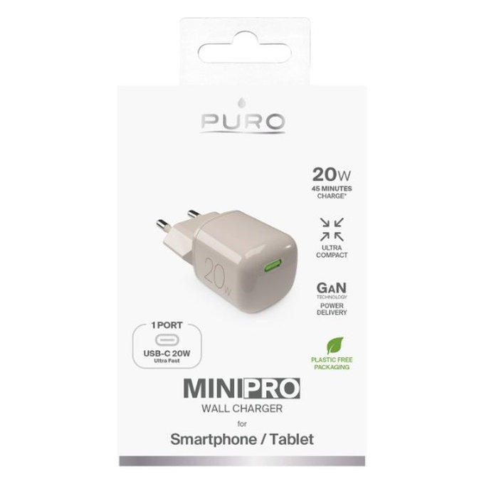 Зарядно устройство MiniPro USB-C, GaN, 20W, пясъчна черупка, Sandshell, PURO