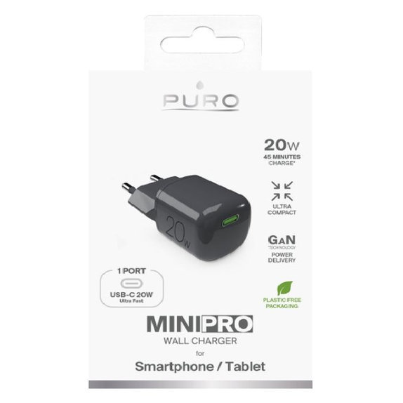 Зарядно устройство MiniPro USB-C, GaN, 20W, черна стрида, Black Oyster, PURO